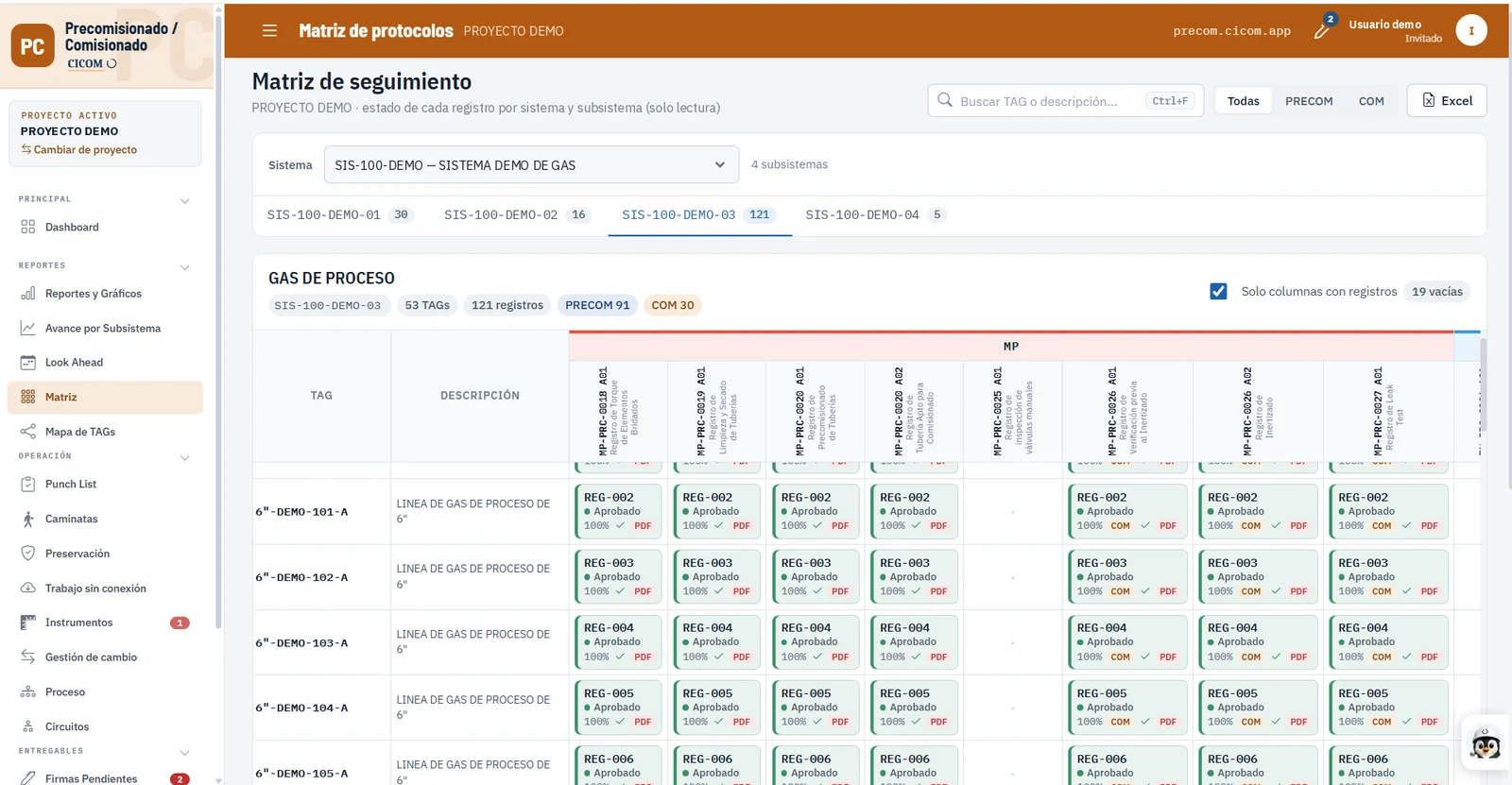 Matriz de seguimiento de protocolos por sistema y subsistema (datos de demostración)